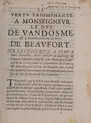 Tapa de La vertv triomphante a monseignevr le dvc de Vandosme, et a monseignevr le dvc de Beavfort
