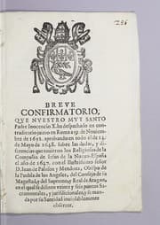 Tapa de Breue confirmatorio, que nuestro muy Santo Padre Inocencio X ha despachado en contraditorio juizio en Roma a 19 de nouiembre de 1652. aprobando en todo el de 14. de mayo de 1648. sobre las dudas y diferencias que tuuieron los religiosos de la Compañia de Iesus de la Nueva España el año de 1647. con el ilustrisimo señor D. Iuan de Palafox y Mendoza, obispo de la Puebla de los Angeles, ...