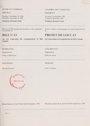Tapa de Minutes of proceedings and evidence of the Legislative Committee on Bill C-13 - an act respecting the reorganization of Bell Canada