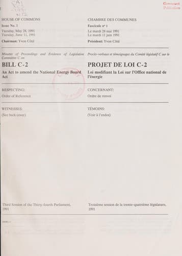 Tapa de Minutes of proceedings and evidence of legislative committee C on Bill C-2, an act to amend the National Energy Board Act