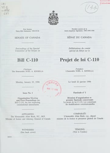 Tapa de Proceedings of the Special Committee of the Senate on Bill C-110
