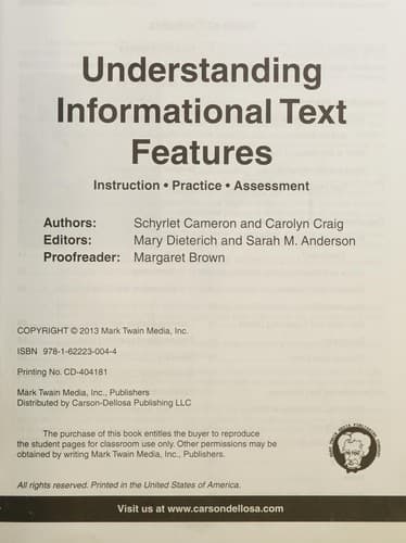 Tapa de Understanding Informational Text Features, Grades 6 - 8