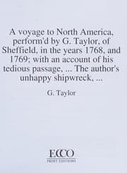 Tapa de A Voyage to North America, Perform'D by G Taylor, of Sheffield, in the Years 1768, and 1769; with an Account of His Tedious Passage, the Author's
