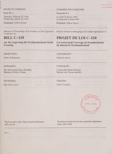 Tapa de Minutes of proceedings and evidence of the Legislative Committee on Bill C-110, an act respecting the Northumberland Strait Crossing
