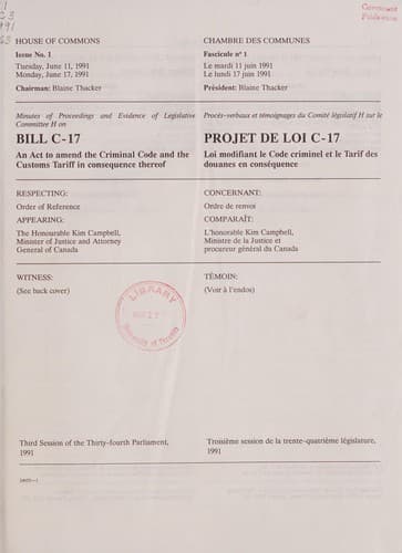 Tapa de Minutes of proceedings and evidence of Legislative Committee H on Bill C-17, an Act to Amend the Criminal Code and the Customs Tariff in Consequence Thereof