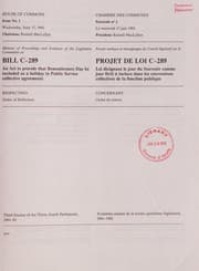Tapa de Minutes of proceedings and evidence of the Legislative Committee on Bill C-289, an Act to provide that Remembrance Day be included as a holiday in Public Service collective agreements