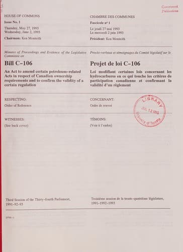 Tapa de Minutes of proceedings and evidence of the Legislative Committee on Bill C-106, an act to amend certain petroleum-related acts in respect of Canadian ownership requirements and to confirm the validity of a certain regulation