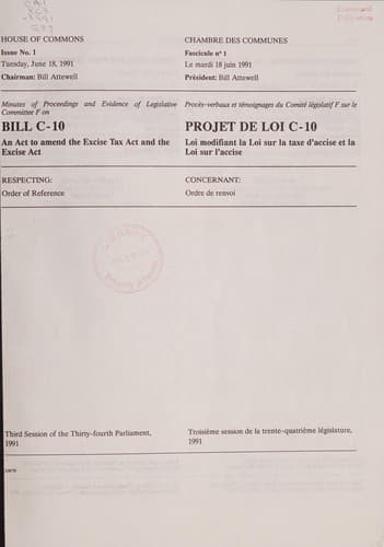 Tapa de Minutes of proceedings and evidence of legislative committee F on Bill C-10, an act to amend the Excise Tax Act and the Excise Act