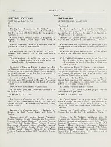 Tapa de Minutes of proceedings and evidence of the Legislative committee on Bill C-205, an act to project heritage railway stations