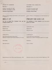 Tapa de Minutes of proceedings and evidence of the legislative Committee on Bill C-15 - an act to amend the Criminal Code and the Canada Evidence act
