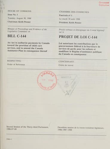 Tapa de Minutes of proceedings and evidence of the Legislative Committee on Bill C-144, an Act to authorize payments by Canada toward the provision of child care services, and to amend the Canada Assistance Plan in consequence thereof