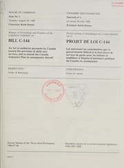 Tapa de Minutes of proceedings and evidence of the Legislative Committee on Bill C-144, an Act to authorize payments by Canada toward the provision of child care services, and to amend the Canada Assistance Plan in consequence thereof