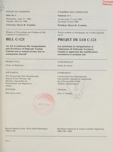 Tapa de Minutes of proceedings and evidence of the Legislative Committee on Bill C-121