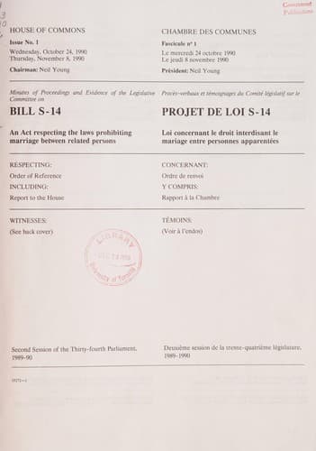 Tapa de Minutes of proceedings and evidence of the Legislative Committee on Bill S-14, an Act Respecting the Laws Prohibiting Marriage between Related Persons
