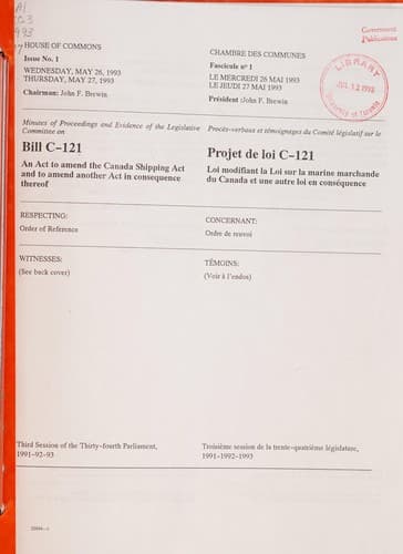 Tapa de Minutes of proceedings and evidence of the Legislative Committee on Bill C-121, An Act to Amend the Canada Shipping Act and to Amend another Act in consequence thereof