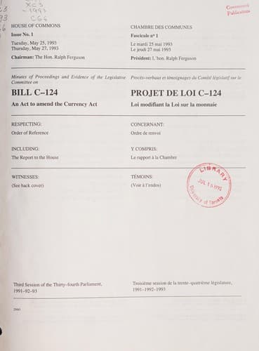 Tapa de Minutes of proceedings and evidence of the Legislative Committee on Bill C-124, an act to amend the Currency Act