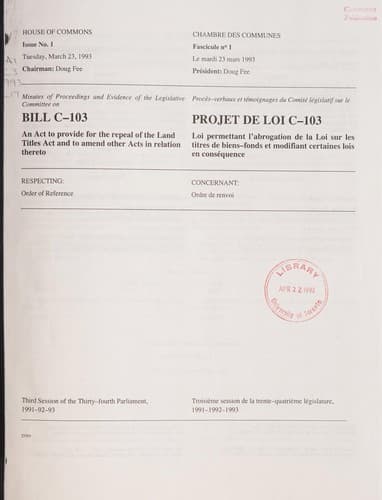 Tapa de Minutes of proceedings and evidence of the Legislative Committee on Bill C-103, an act to provide for the repeal of the Land Titles Act and to amend other Acts in relation thereto