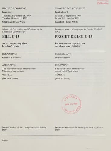Tapa de Minutes of proceedings and evidence of the Legislative Committee on Bill C-15, an act respecting plant breeders' rights