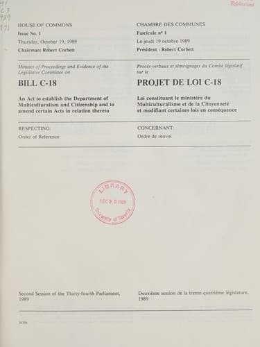 Tapa de Minutes of proceedings and evidence of the Legislative Committee on Bill C-18, an act to establish the Department of Multiculturalism and Citizenship and to amend certian acts in relation thereto