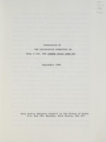 Tapa de Submission to the Legislative Committee on Bill C-144, the Canada Child Care Act