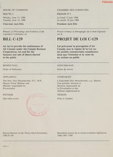 Tapa de Minutes of proceedings and evidence of the Legislative Committee on Bill C-129, an act to provide the continuance of Air Canada...
