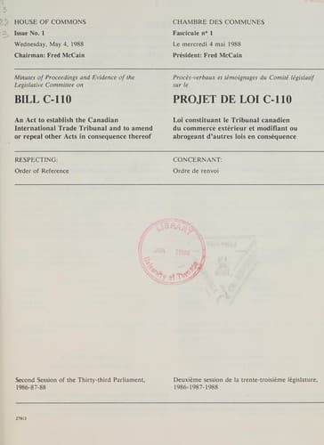 Tapa de Minutes of proceedings and evidence of the Legislative Committee on Bill C-110