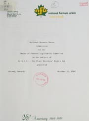 Tapa de National Farmer's Union submission to the House of Commons Legislative Committee on the subject of Bill C-15, the plant breeder's act