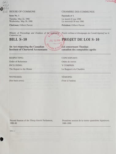 Tapa de Minutes of proceedings and evidence of the Legislative Committee on Bill S-10, an Act respecting the Canadian Institute of Chartered Accountants