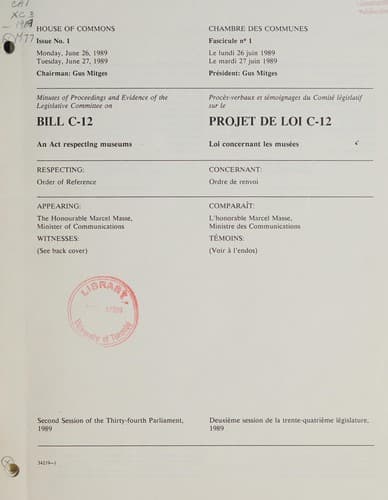 Tapa de Minutes of proceedings and evidence of the Legislative Committee on Bill C-12, an act respecting museums