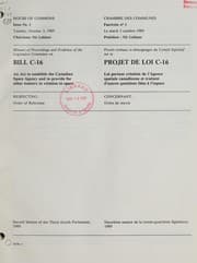 Tapa de Minutes of proceedings and evidence of the Legislative Committee on Bill C-16, an act to establish the Canadian Space Agency and to provide for other matters in relation to space