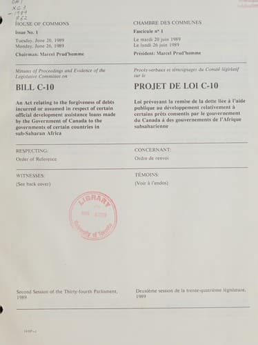 Tapa de Minutes of proceedings and evidence of the Legislative Committee on Bill C-10 an act relating to the forgiveness of debts ... Government of Canada ... countries in Sub-Saharan Africa