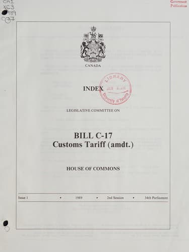 Tapa de Minutes of proceedings and evidence of the Legislative Committee on Bill C-17, an act to amend the Customs Tariff