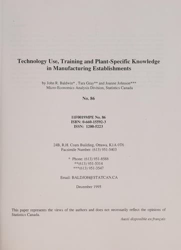 Tapa de Technology use, training and plant-specific knowledge in manufacturing establishments