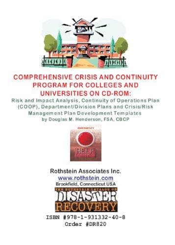 Tapa de Comprehensive Crisis and Continuity Program for Colleges and Universities on CD-ROM; RIsk and Impact Analysis, Continuity of Operations Plan (COOP), Department/Division ... Crisis Management Plan Development Templates