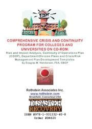 Tapa de Comprehensive Crisis and Continuity Program for Colleges and Universities on CD-ROM; RIsk and Impact Analysis, Continuity of Operations Plan (COOP), Department/Division ... Crisis Management Plan Development Templates