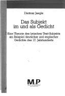 Tapa de Das Subjekt im und als Gedicht