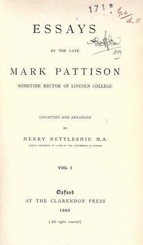 Tapa de Essays by the late Mark Pattison