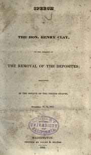 Tapa de Speech of the Hon. Henry Clay, on the subject of the removal of the deposites
