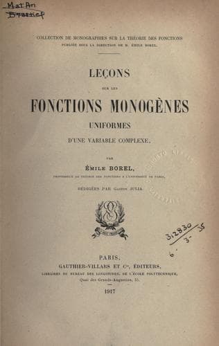 Tapa de Leçons sur les fonctions monogènes uniformes d'une variable complexe