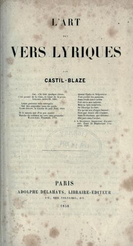 Tapa de L' art des vers lyriques.
