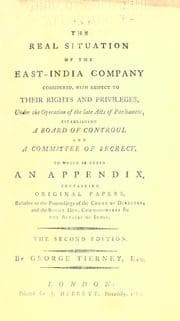 Tapa de The real situation of the East-India Company considered, with respect to their rights and privileges, under the operation of the late acts of Parliament, establishing a board of control and a committee of secrecy