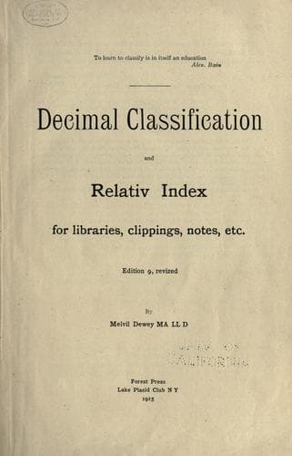 Tapa de Decimal classification and relative [sic] index for Libraries, clippings, notes, etc.