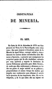 Tapa de Ordenanzas de minería y coleccion de las órdenes y decretos de esta materia posteriores á su publicacion