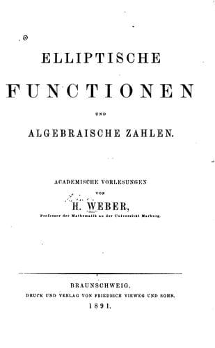 Tapa de Elliptische functionen und algebraische zahlen