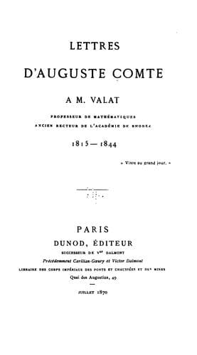 Tapa de Lettres d'Auguste Comte à M. Valat