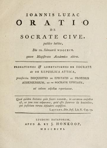 Tapa de Ioannis Luzac Oratio de Socrate cive