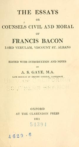 Tapa de The essays or counsels civil and moral of Francis Bacon Lord Verulam, Viscount St. Albans
