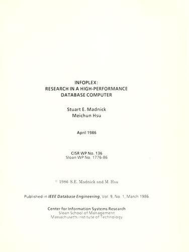 Tapa de INFOPLEX, research in a high-performance database computer