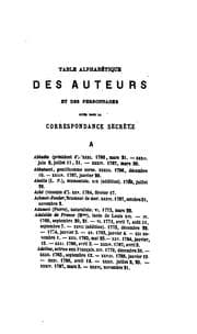 Tapa de Table alphabétique des auteurs et personnages cité dans les Mémoires secrets pour servir à l'histoire de la république des lettres en France