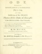 Tapa de Ode performed in the Senate House at Cambridge, July 1, 1749